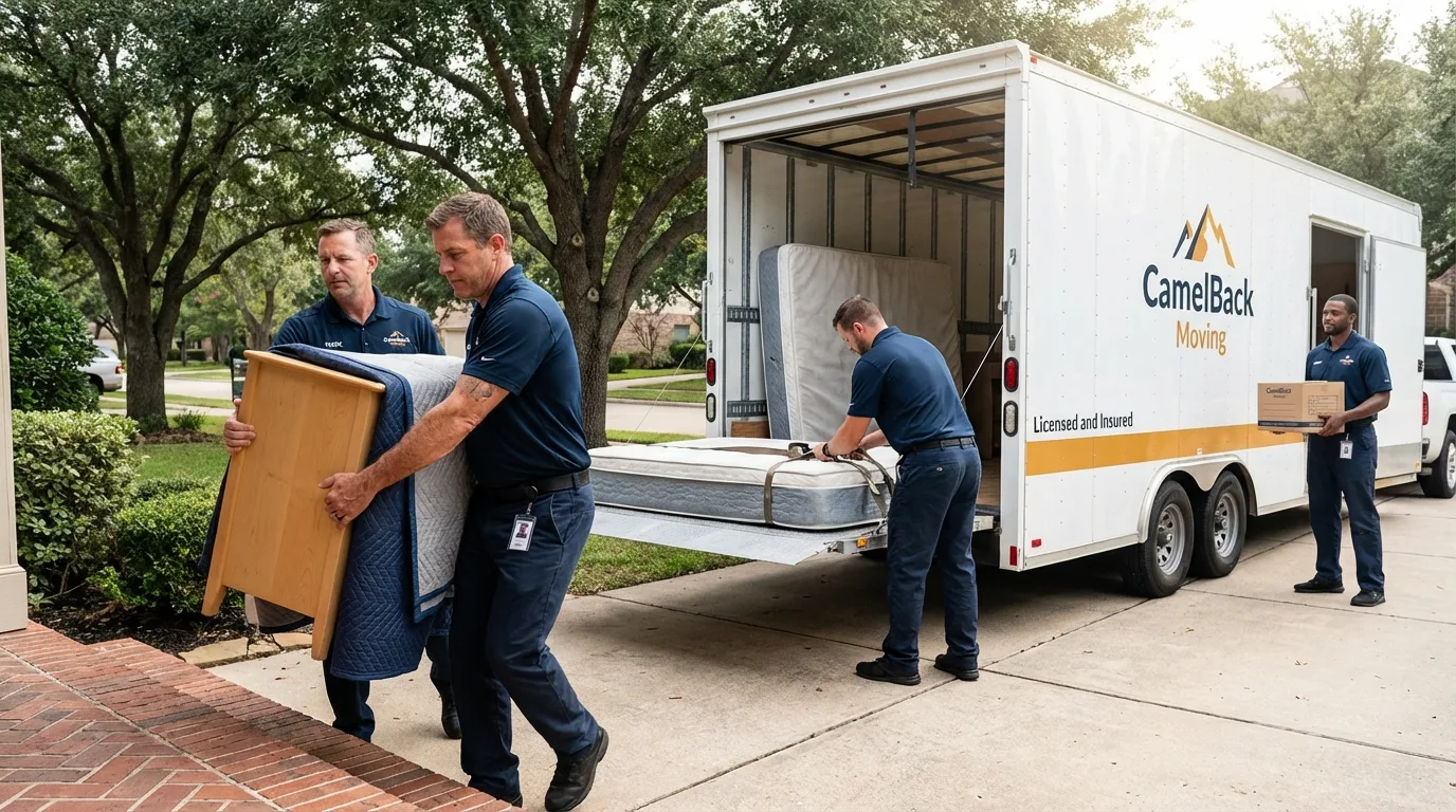 Crew loading residential truck for cross-state move from New Castle, NH