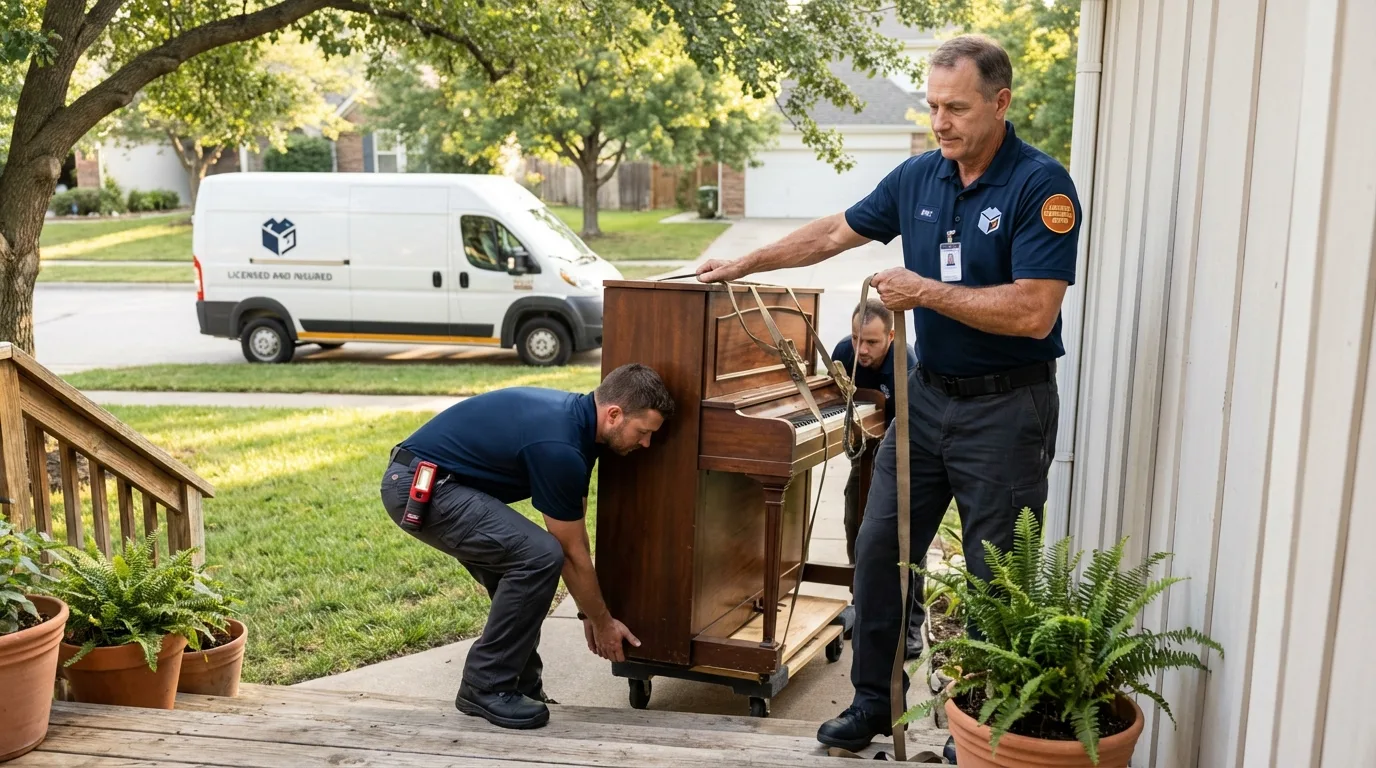 Licensed piano movers securing grand piano in New Castle, NH