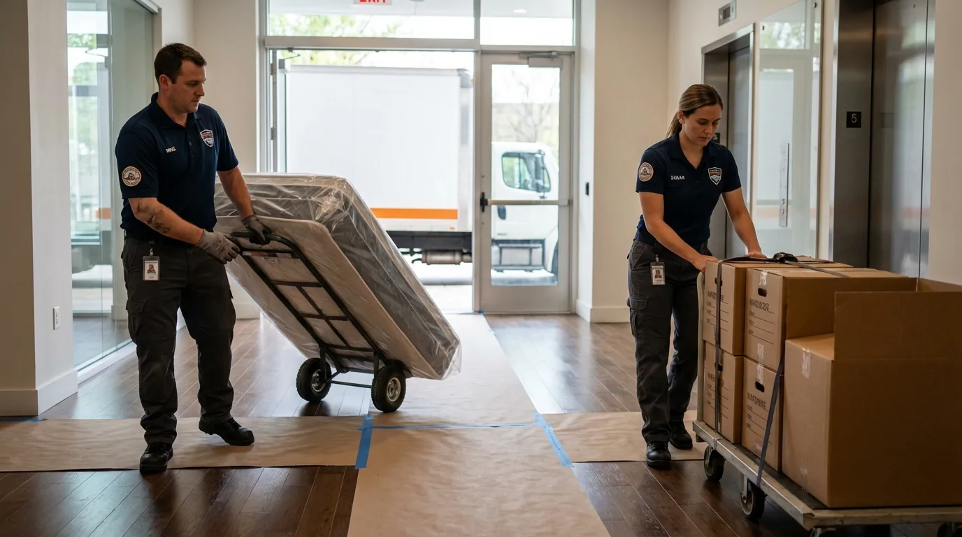 Professional apartment movers loading elevator in New Castle, NH