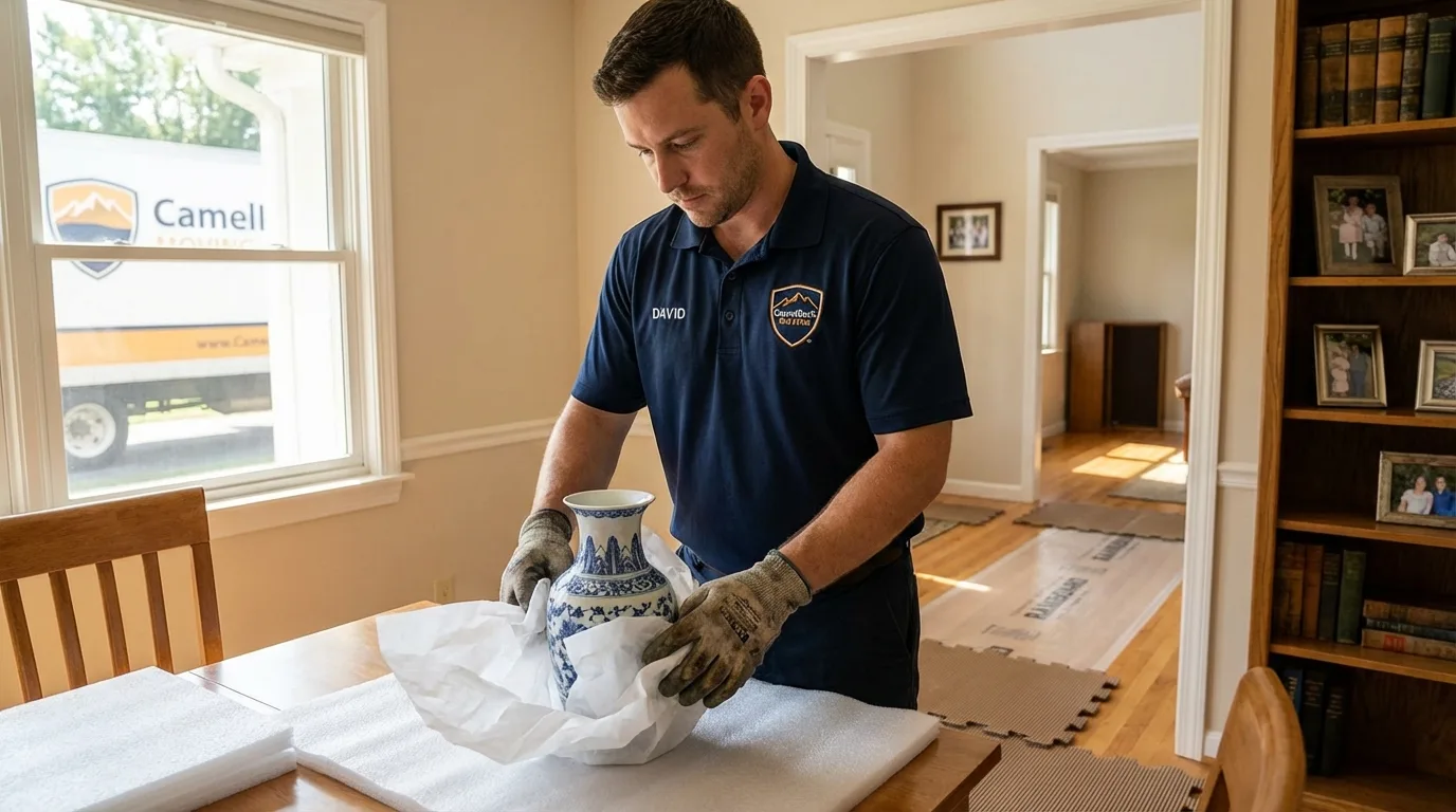 Professional crew carefully wrapping antique vase for senior downsizing move in New Castle, NH