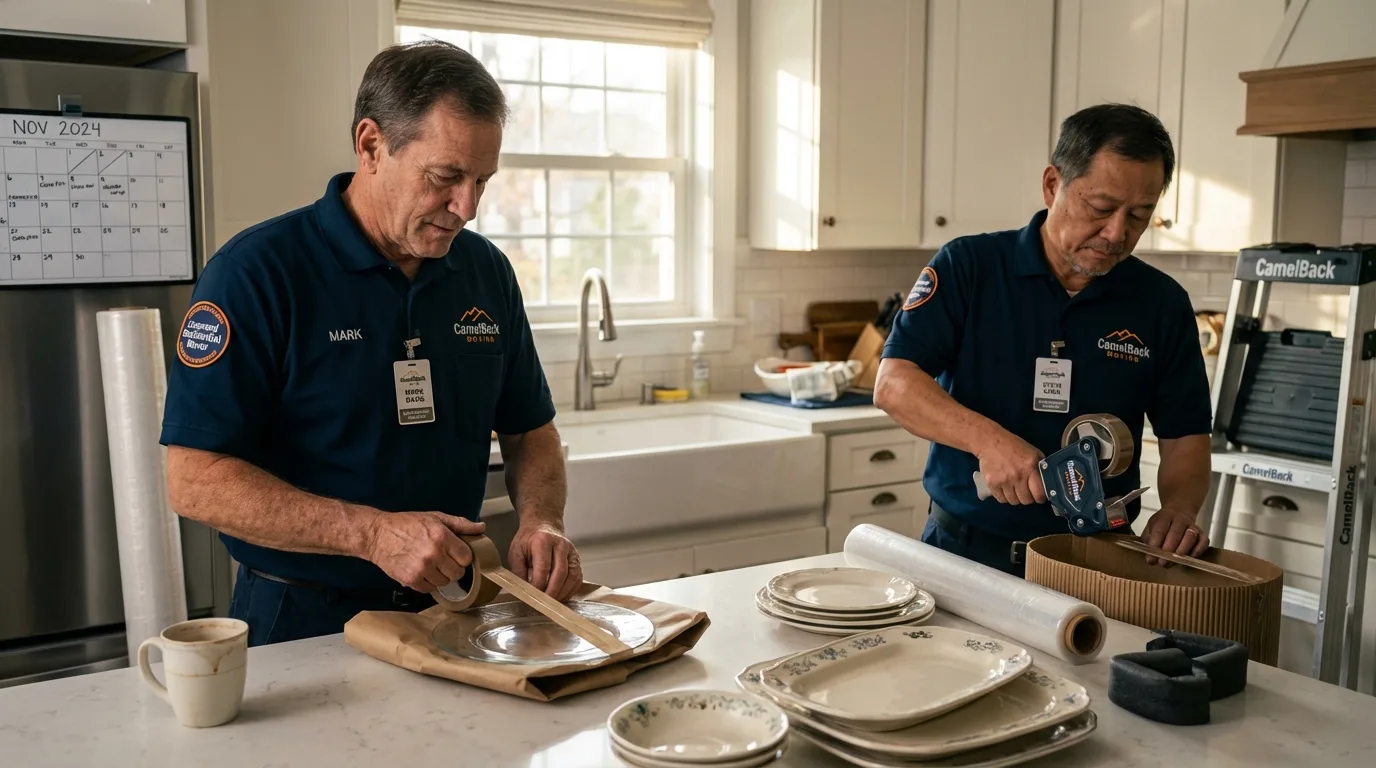 Professional crew packing kitchen dishware in New Castle, NH